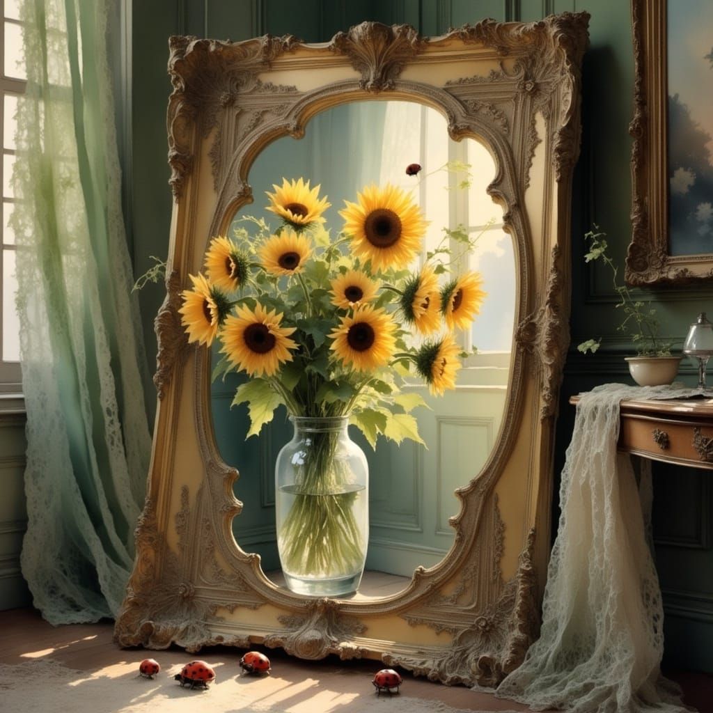 Sunflowers in a Bronze Lace Frame