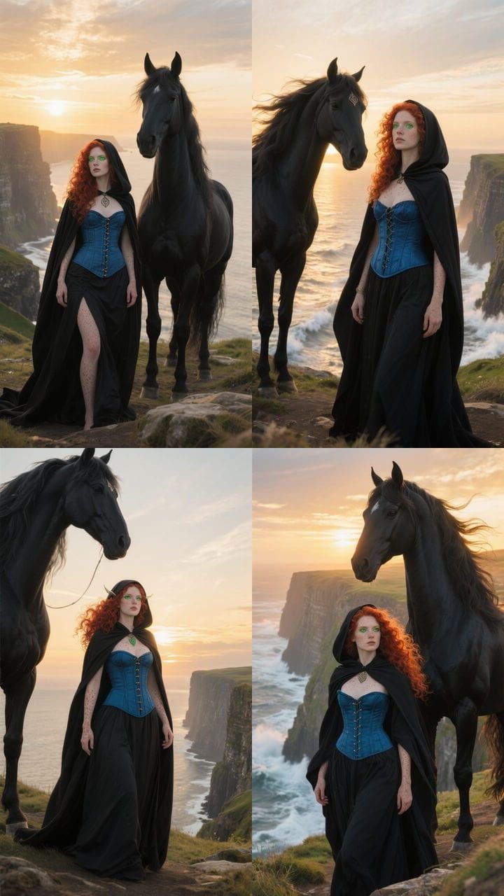 Druid Goddess and Friesian Horse at Sunrise