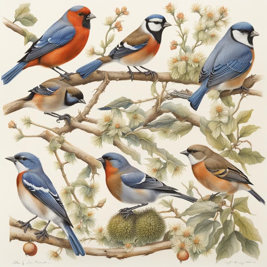 Detailed Naturalist Garden Illustration with Birds