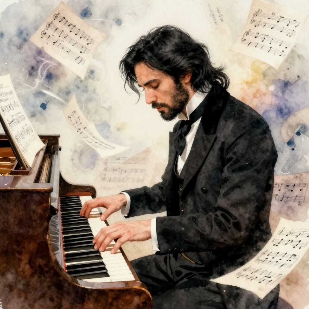 Musician Plays Piano in Surreal Dreamscape