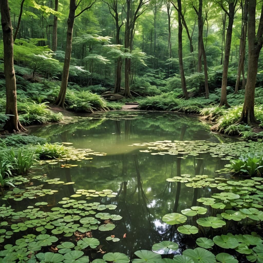 Hyperrealistic Forest Pond in Sunlight