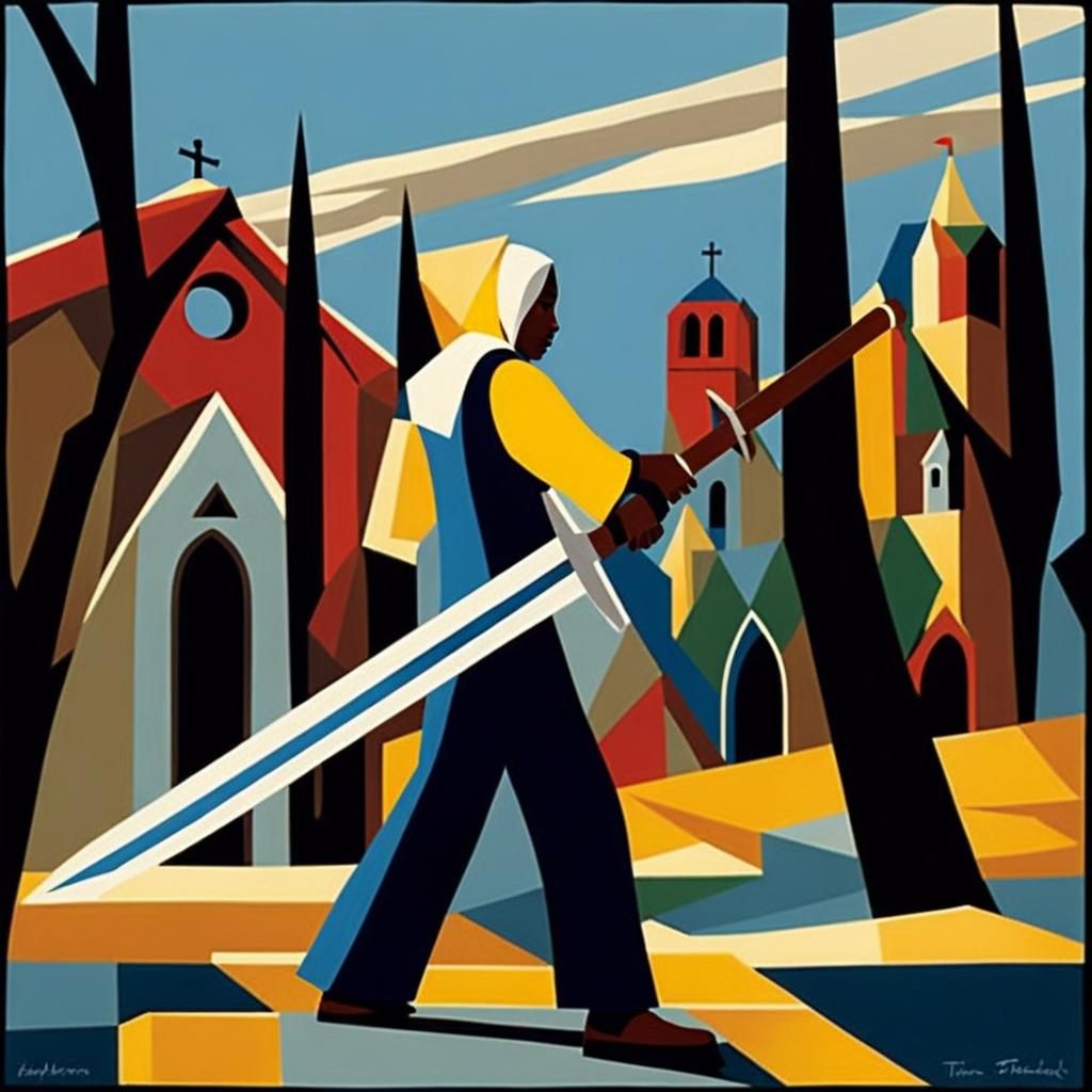 Boy Pulls Sword from Stone in Cubist Style