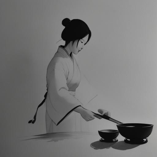 Chinese Ink Wash Painting of Wife Cooking