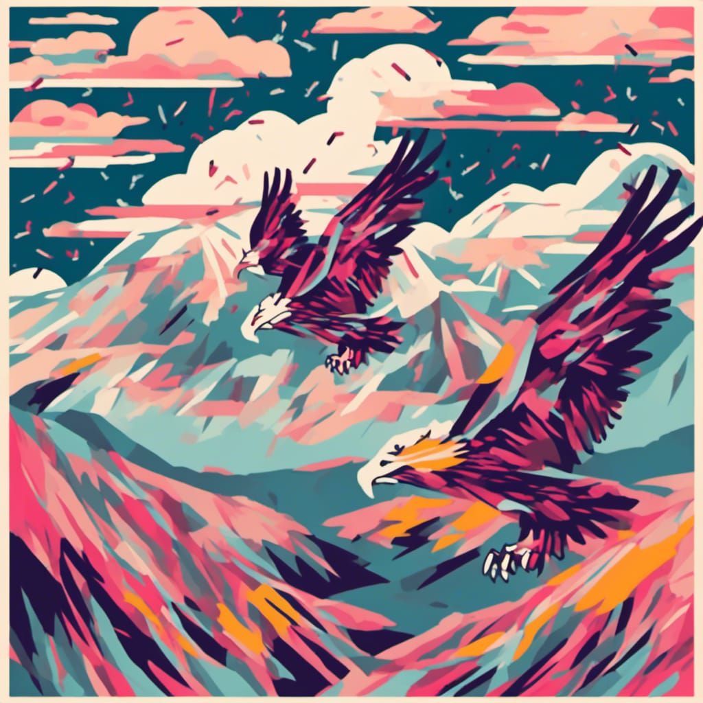 Glitched Eagles Flying Over Summer Mountains