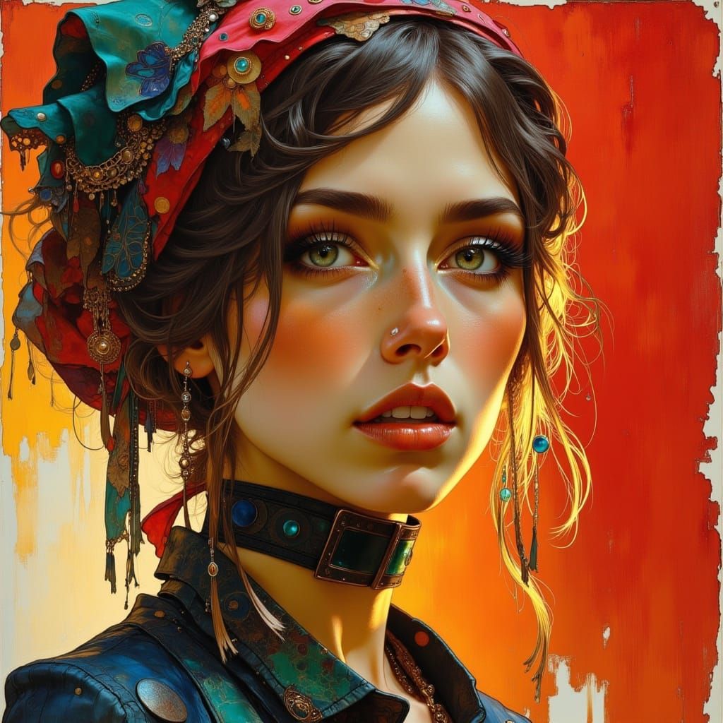 Expressive Woman in Vibrant Solitude, Art Nouveau Style