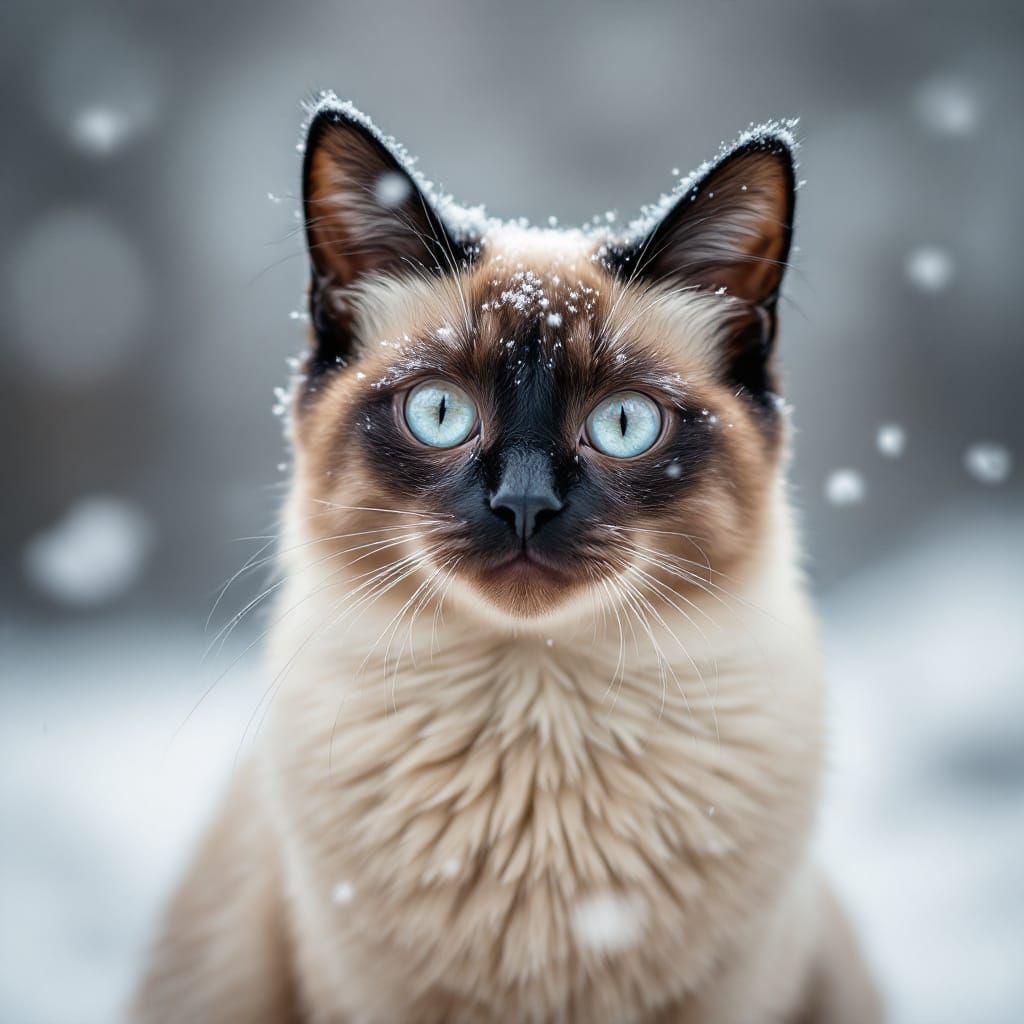 Siamese Cat Portrait in Snowy Winter Scene