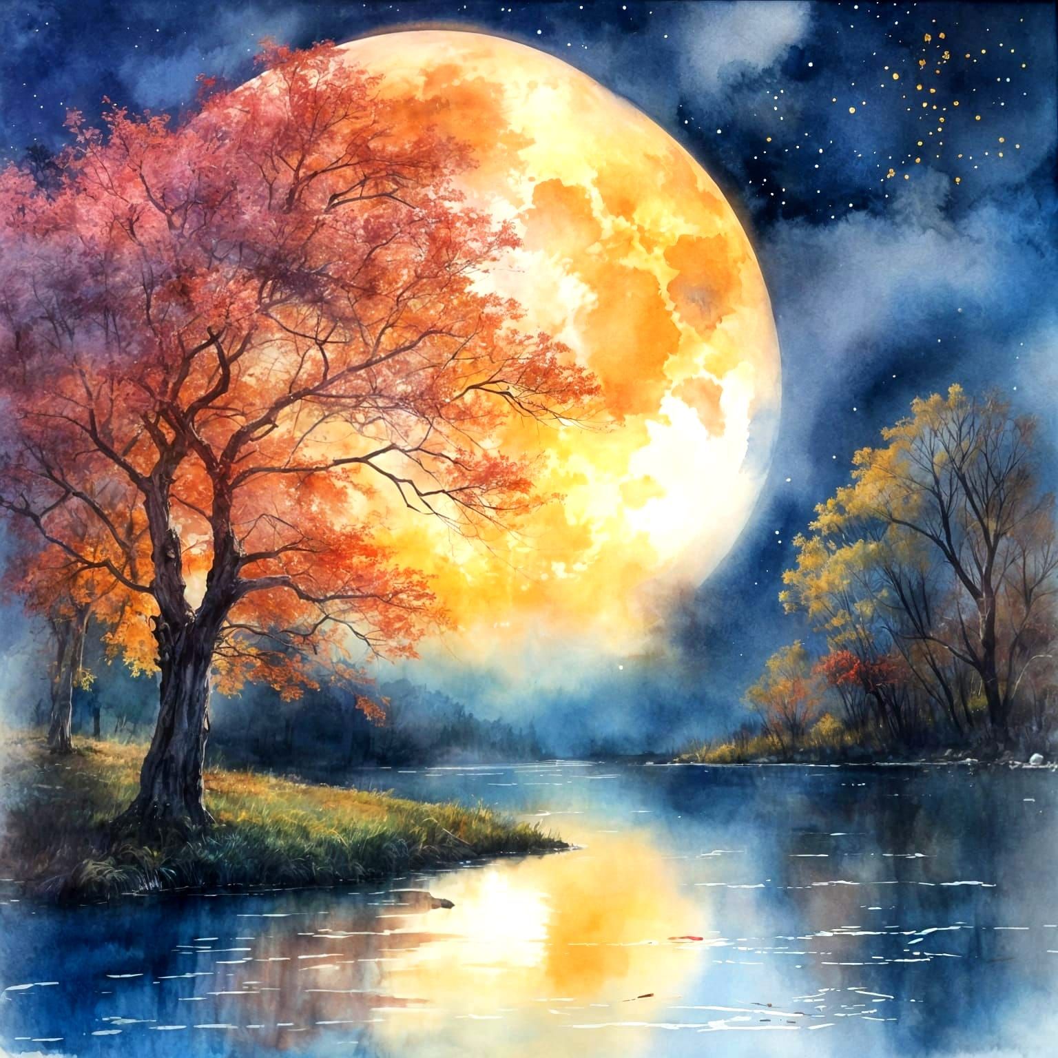 Dreamy Watercolour Art of a Golden Moonlit Landscape