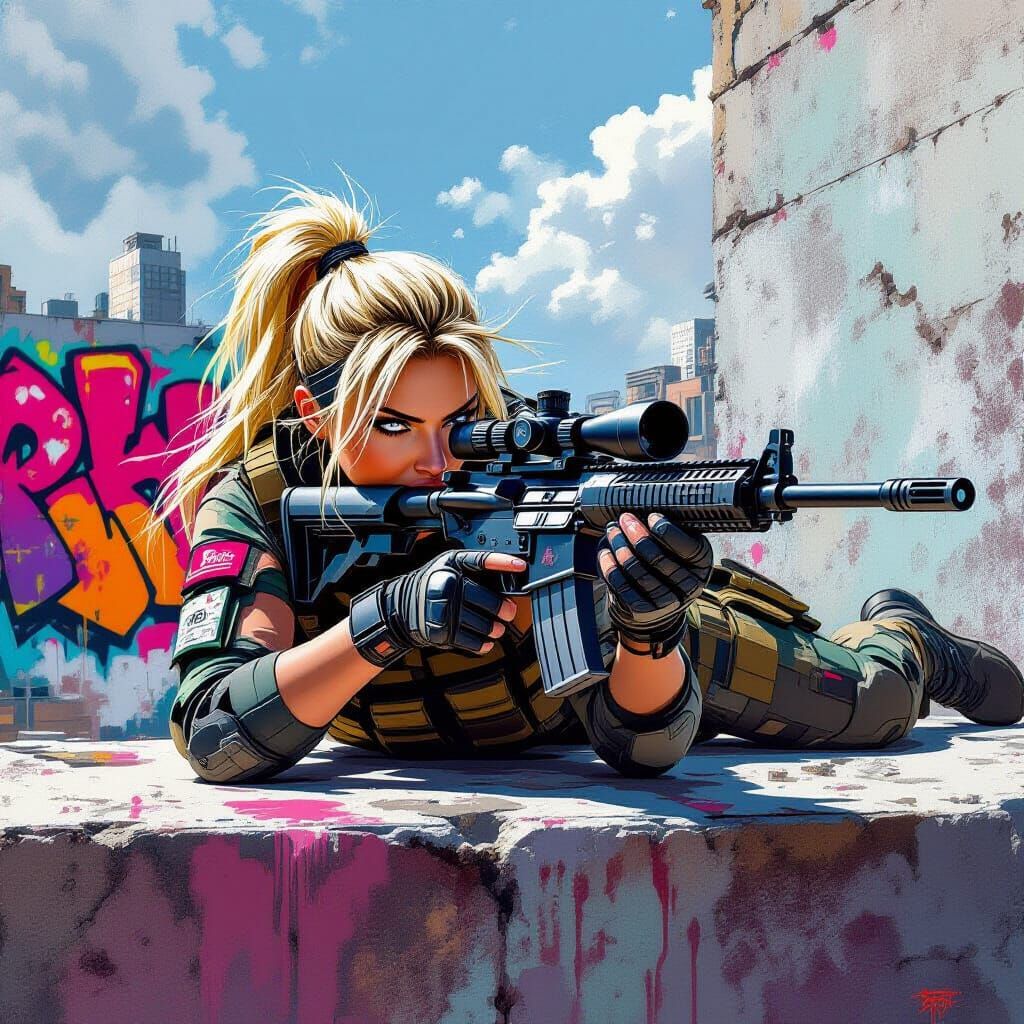 Ninja Woman Sniper on Rooftop Graffiti Art