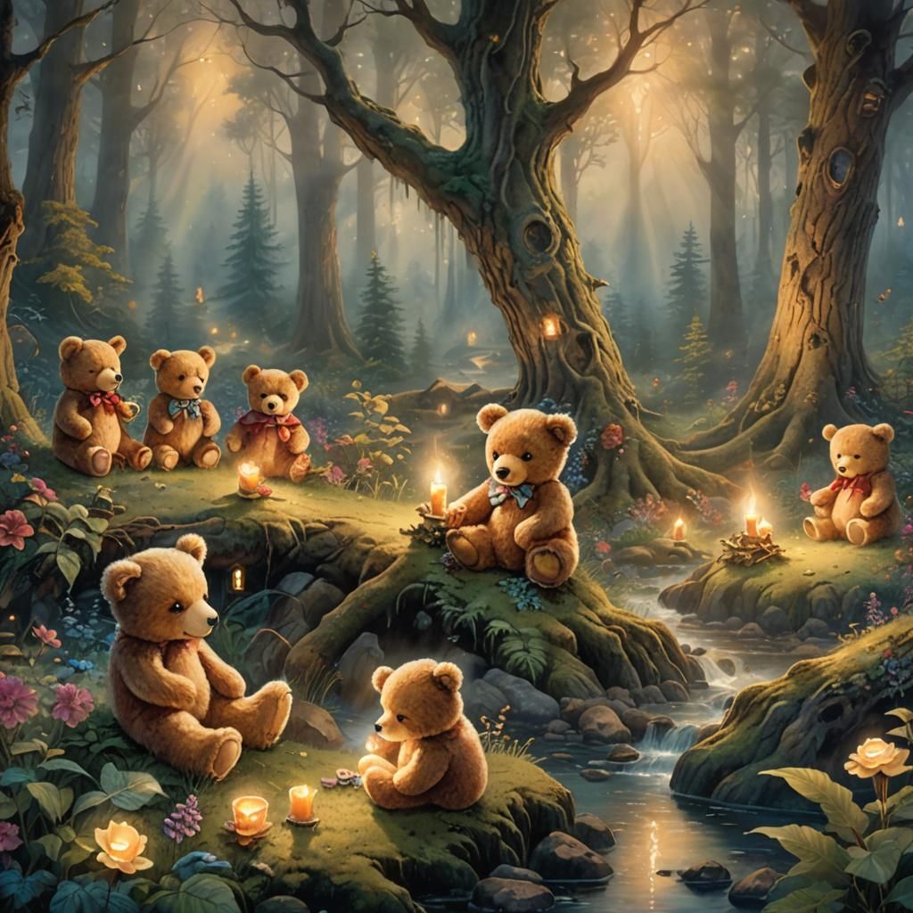 Teddy Bears Investigate Mystical Forest: Watercolor Style