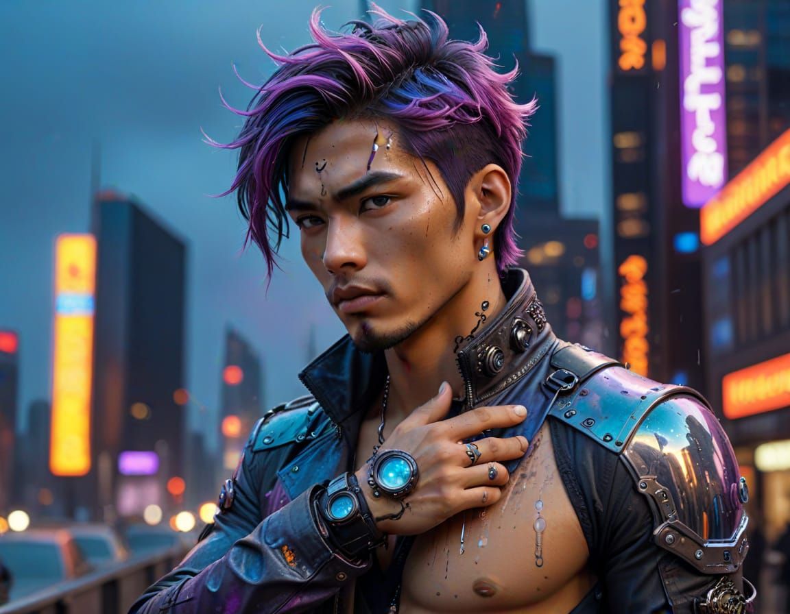 Cyberpunk Asian Man in Sunset Cityscape