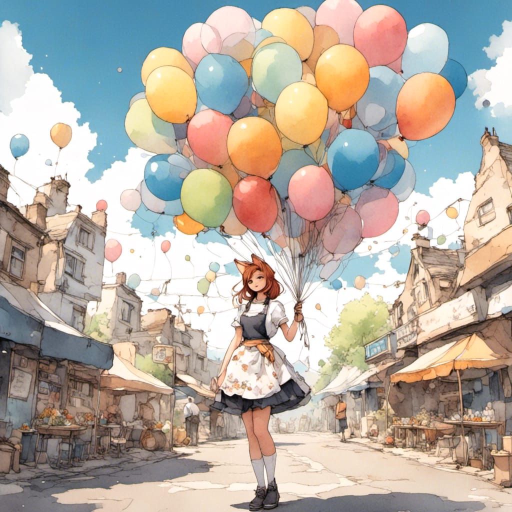 Fox-girl VIXEN wearing an Apron Dress, holding a bunch of colorful helium balloons, standing center of a roundabout.