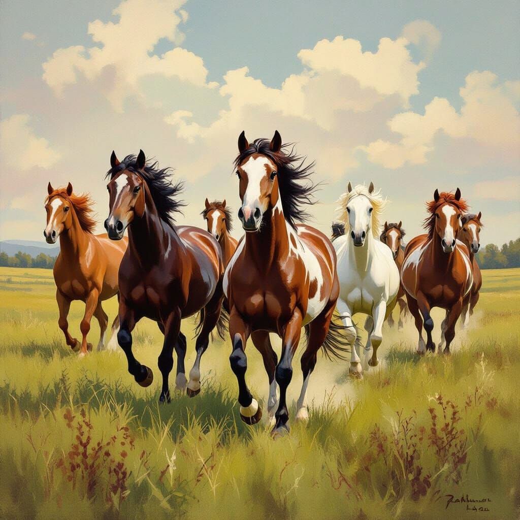 Pinto Horses Galloping in Lush Meadow