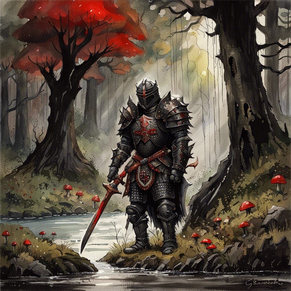 High Gothic Berserk Knight in Dark Fantasy Watercolor
