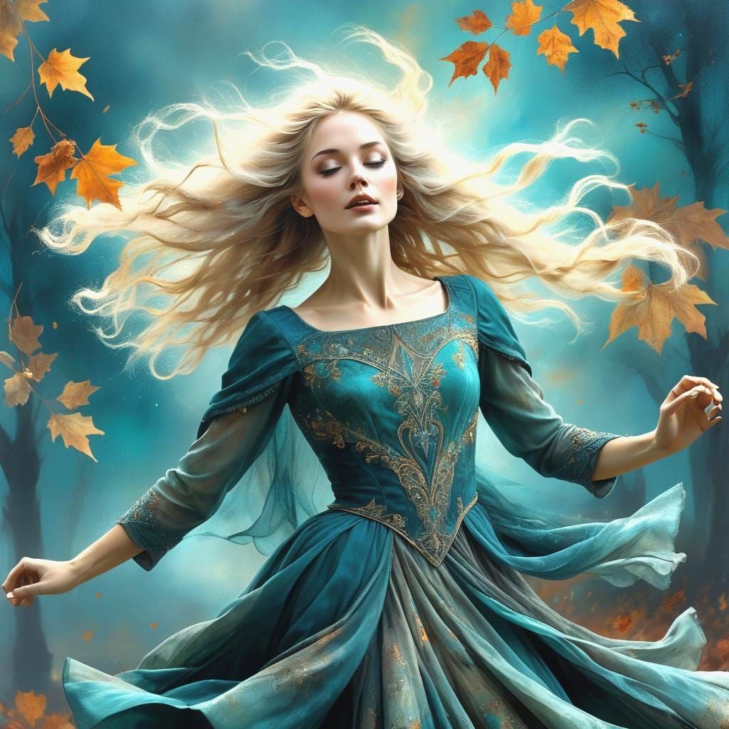 Woman Dancing Under Autumn Sky, Fantasy Art