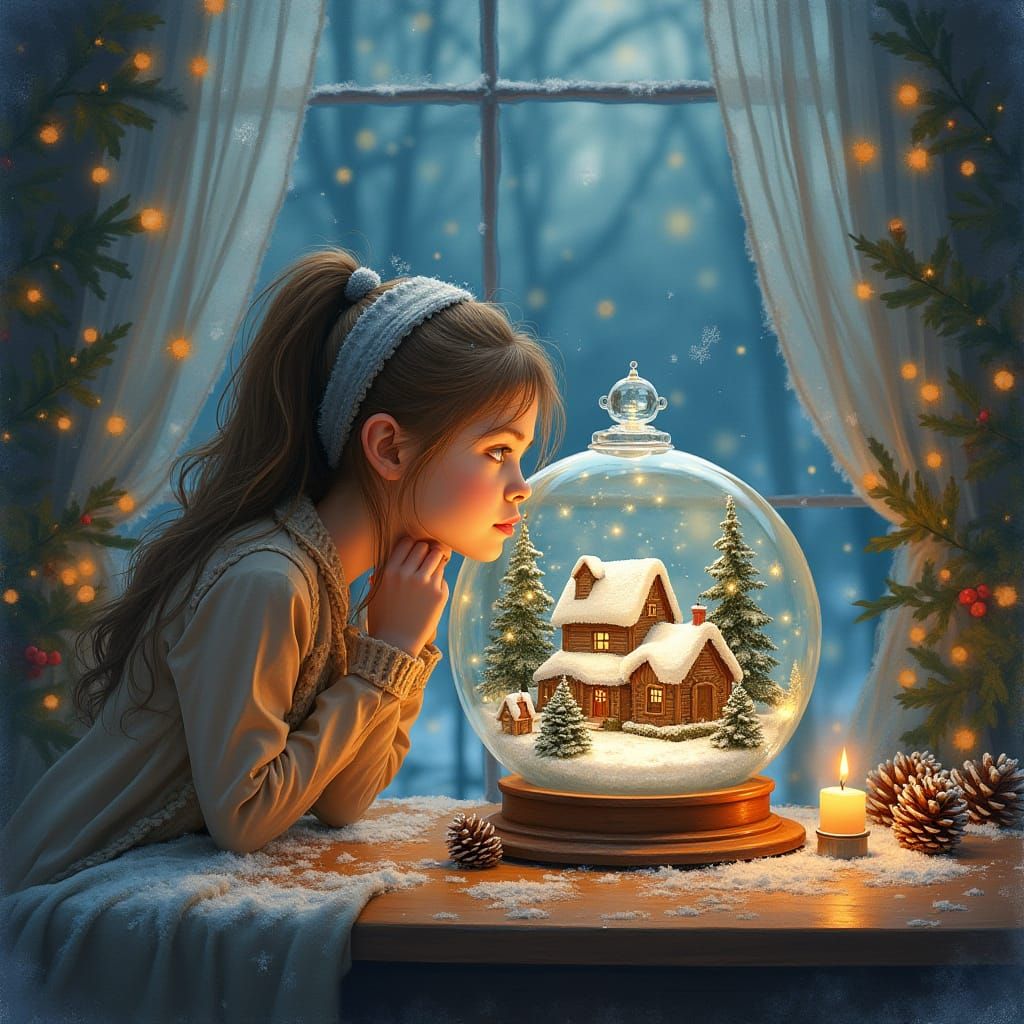 Curious Girl Peeks into Miniature Winter Globe