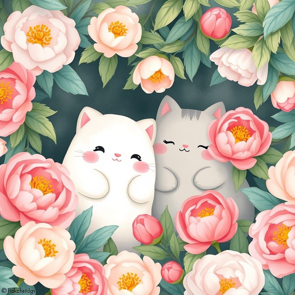 Kirby and Pusheen Surrounded by Peonies in Watercolor