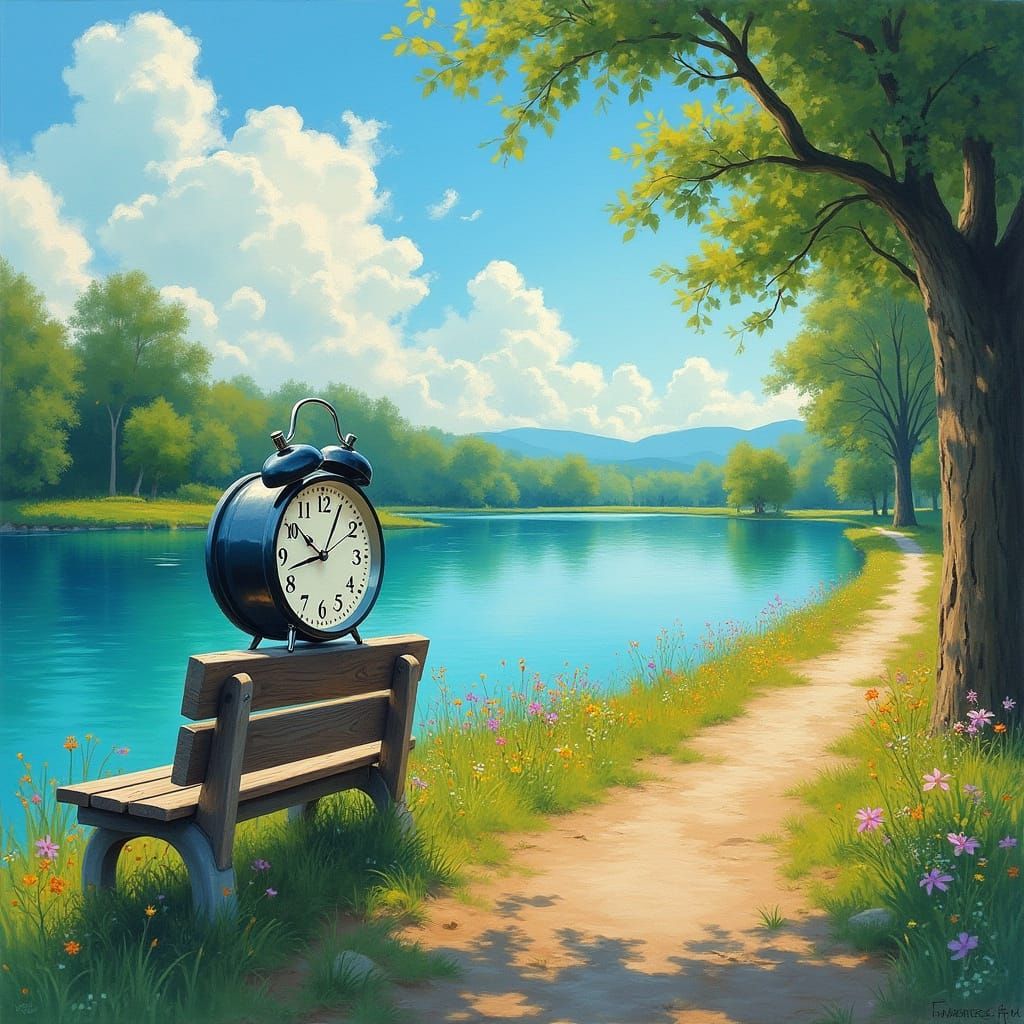 Serenely Contemplative Time Clock Watches Sunset Over Tranqu...