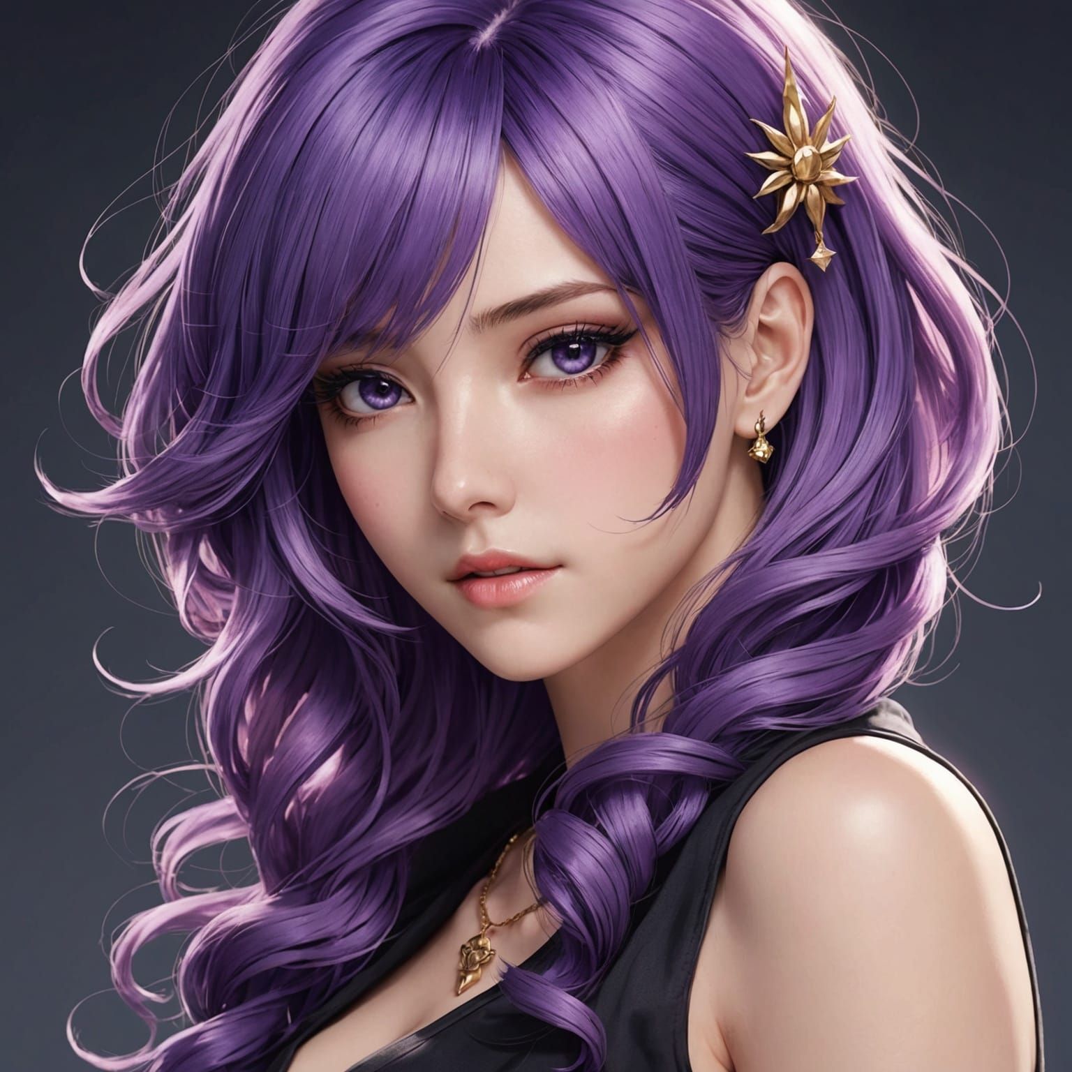 Beautiful Woman with Purple Hair in Anime Style