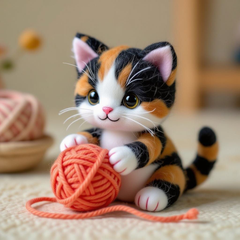Miniature Calico Kitten with Felted Wool Texture