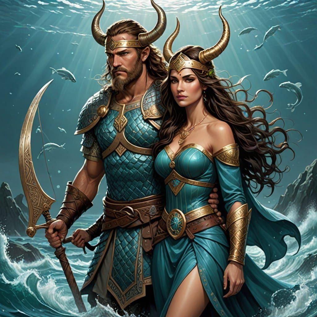 Mythical Vikings Pisces Man and Dreamwalker Wife in Battle