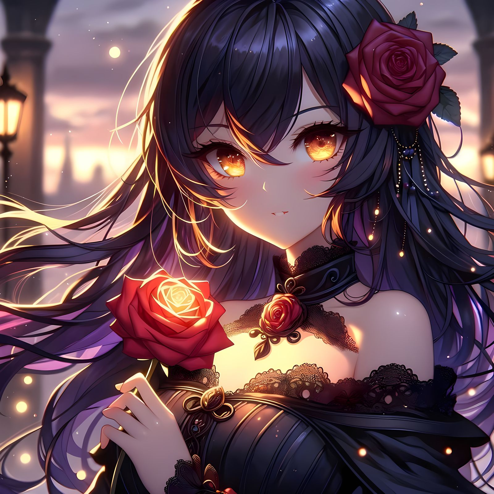 Anime Woman with Glowing Rose in Evening Light