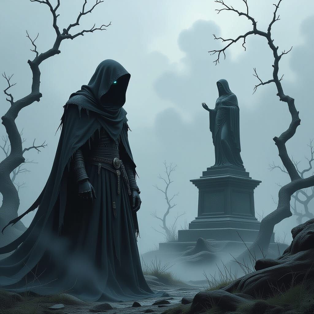 Mysterious Cyborg in Misty Forest: Dark Surrealism