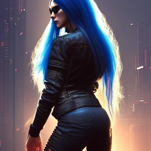Blue Haired Woman on Motorcycle in Cyberpunk Style