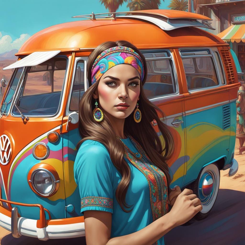 Groovy 60's Hippie Portrait with VW Van