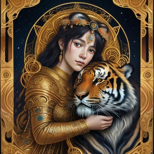 Cosmic Goddess with Tiger in Klimt Style