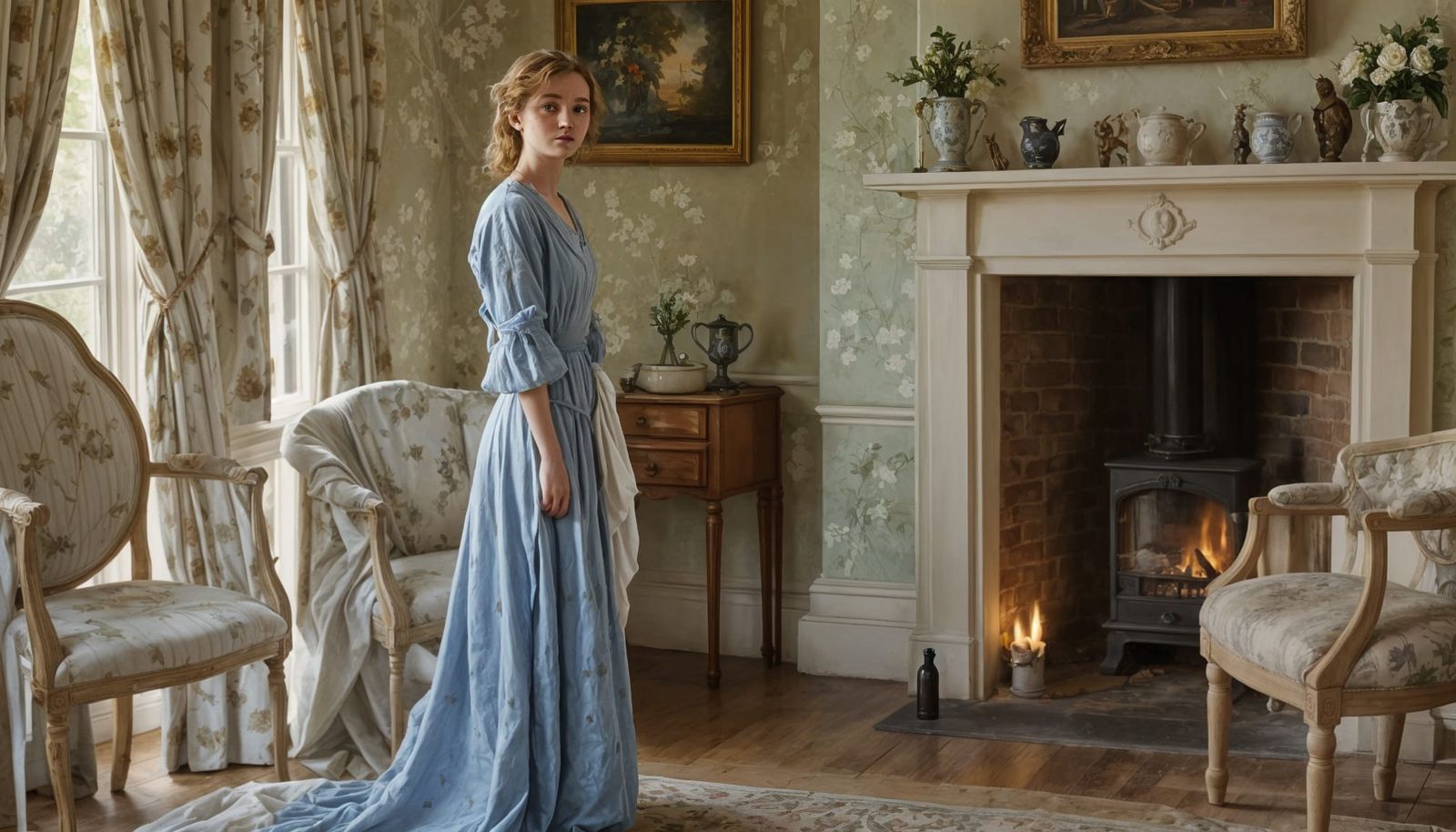 Elegant Woman in a Sunlit British Parlor, 1920s Style