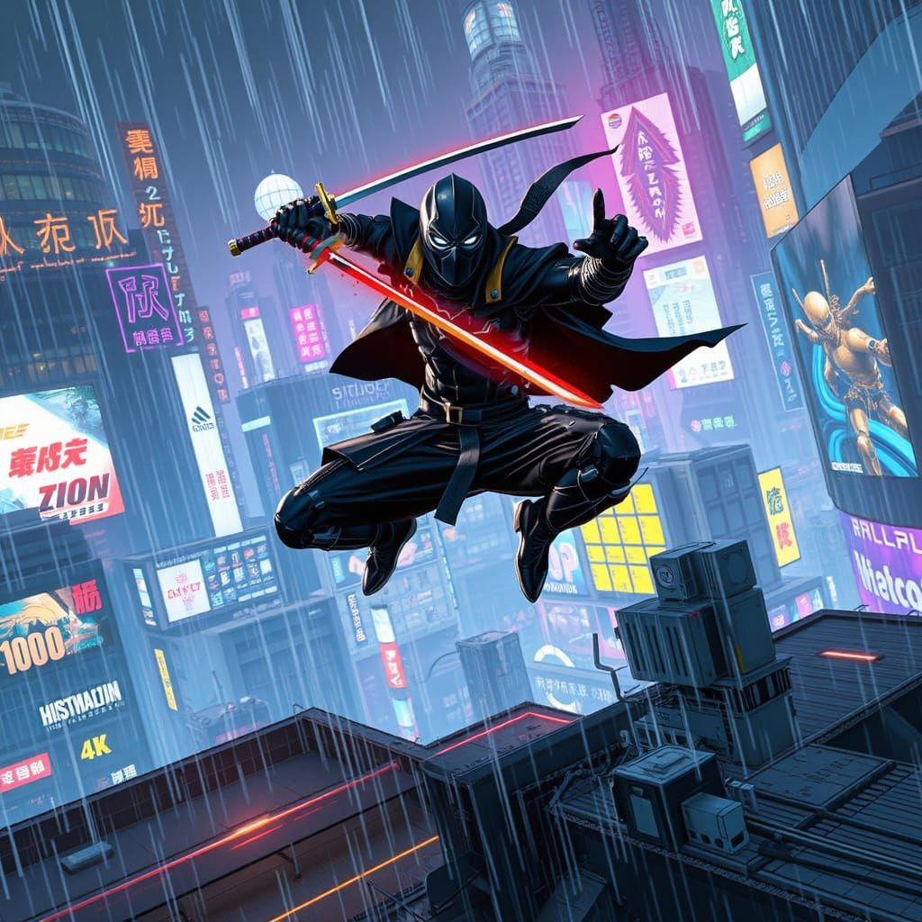 Cyberpunk Ninja Leaps Through Neon Cityscape