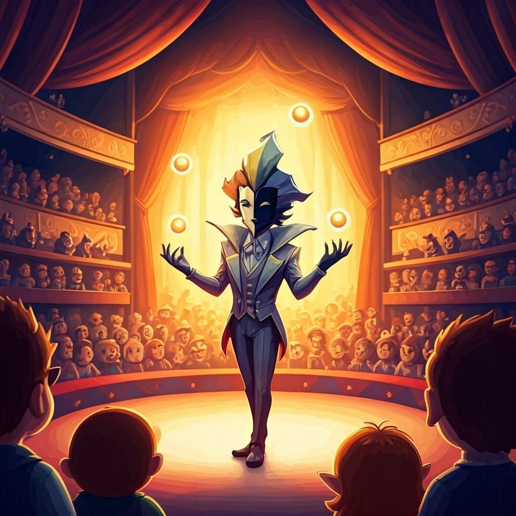 Whimsical Watercolor Scene of Dimentio as Jester Hero