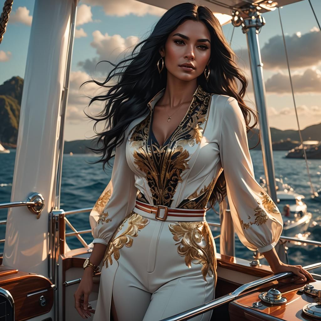Latina Woman Portrait on Yacht, Hyperdetailed Digital Art