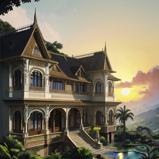 Luxury Villa in Tropical Paradise, Art Nouveau Style