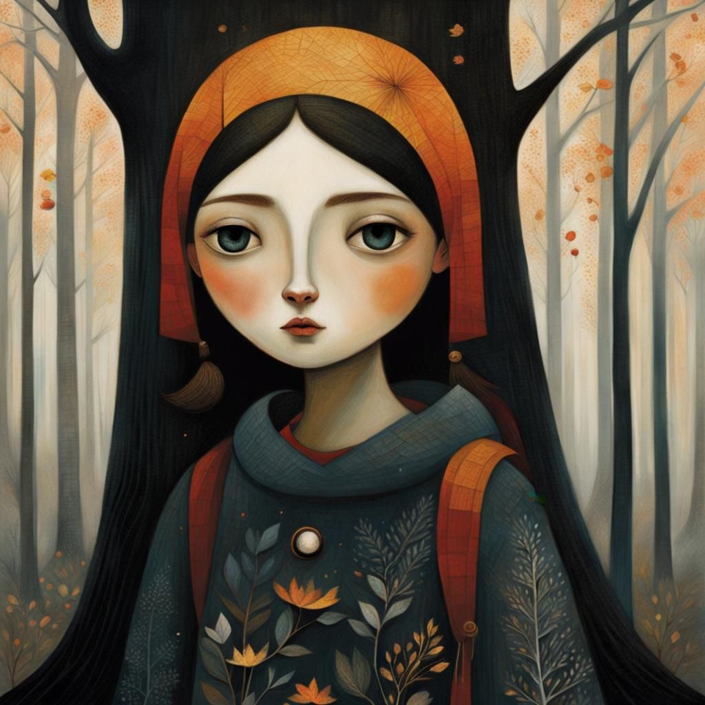 Girl Walking in Warmly Dark Woods