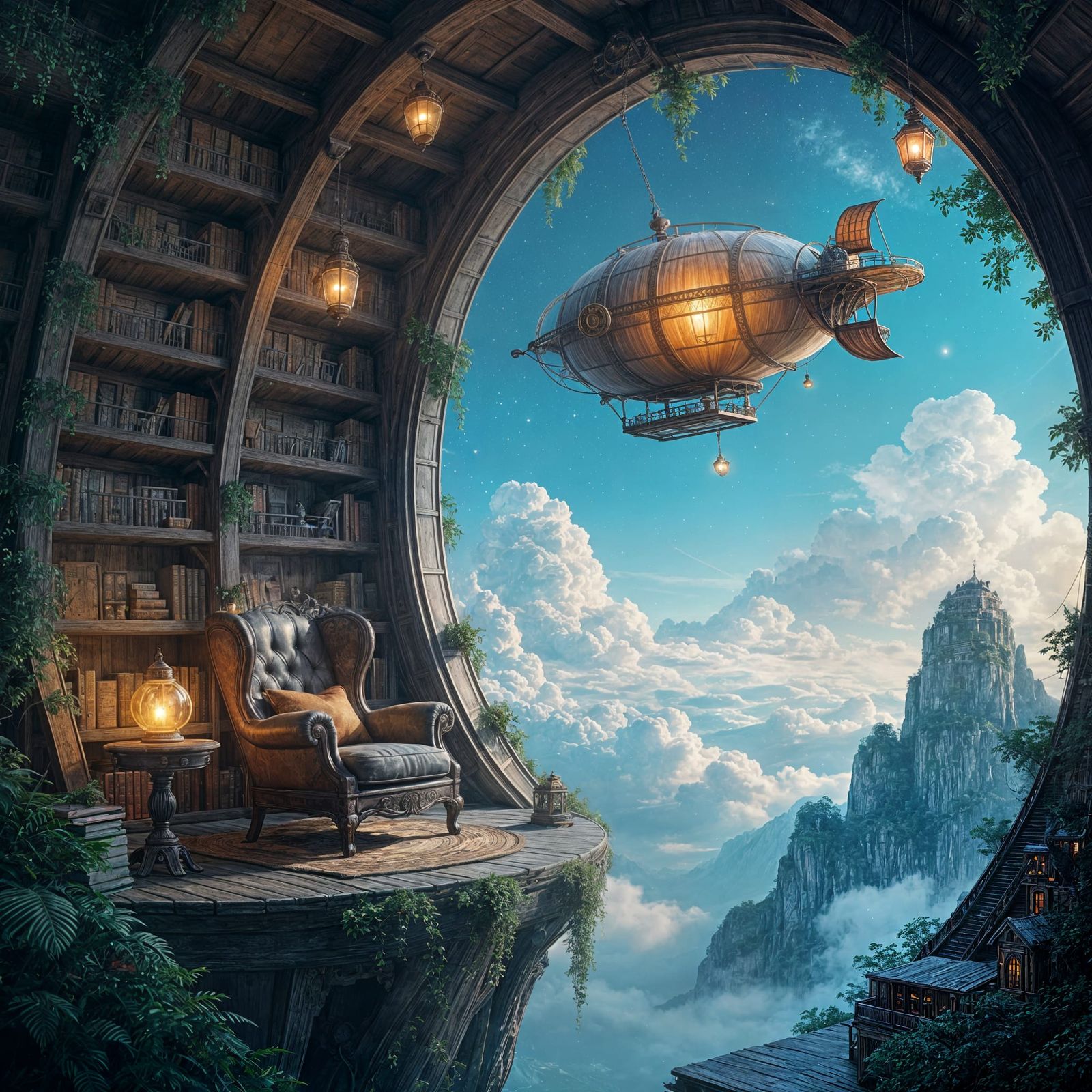 Floating Island Reading Retreat: Steampunk Digital Art