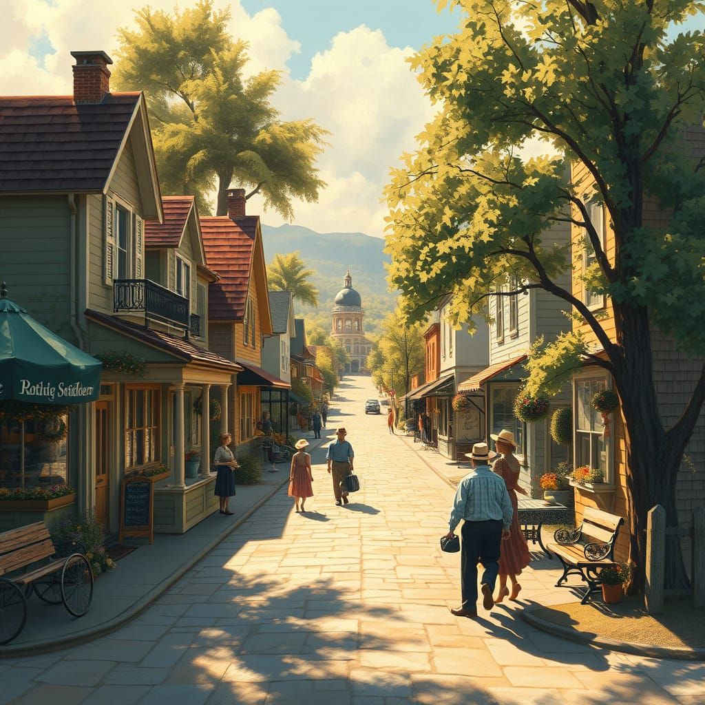 Classic American Town Scene in Warm Sunlight