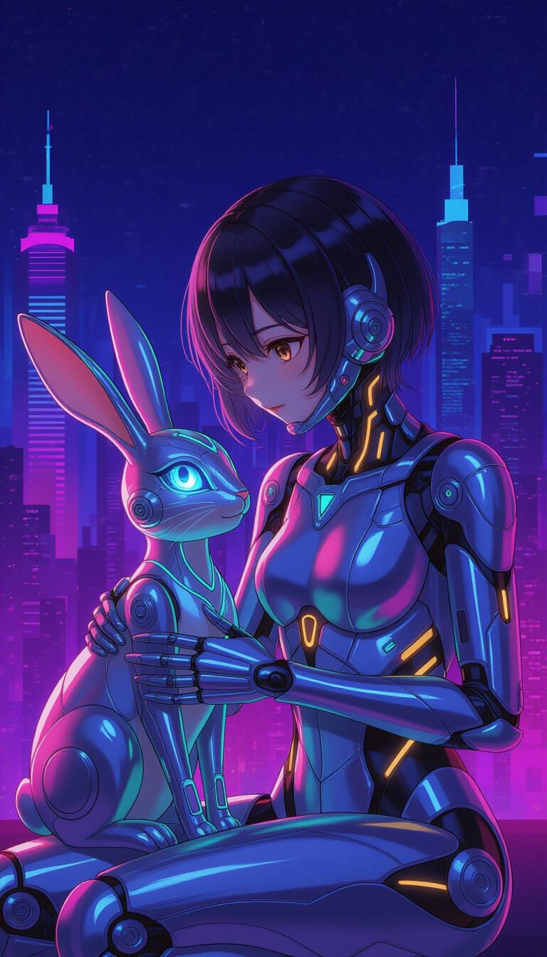 Cyborg Girl and Holographic Rabbit in Neon Cityscape