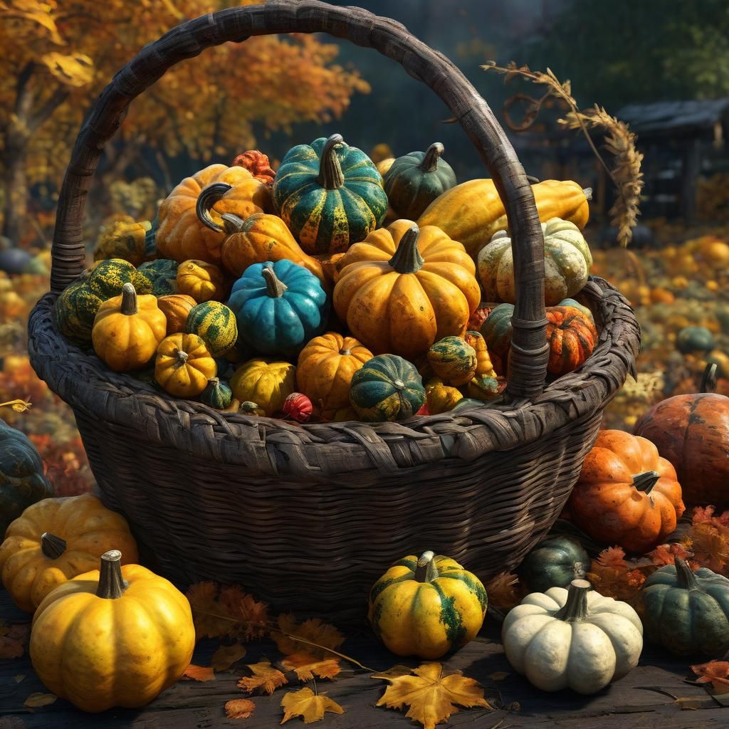 Rustic Basket of Gourds in Autumnal Setting