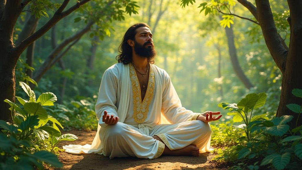 Yogi in Enchanted Forest, in the Style of James Gurney