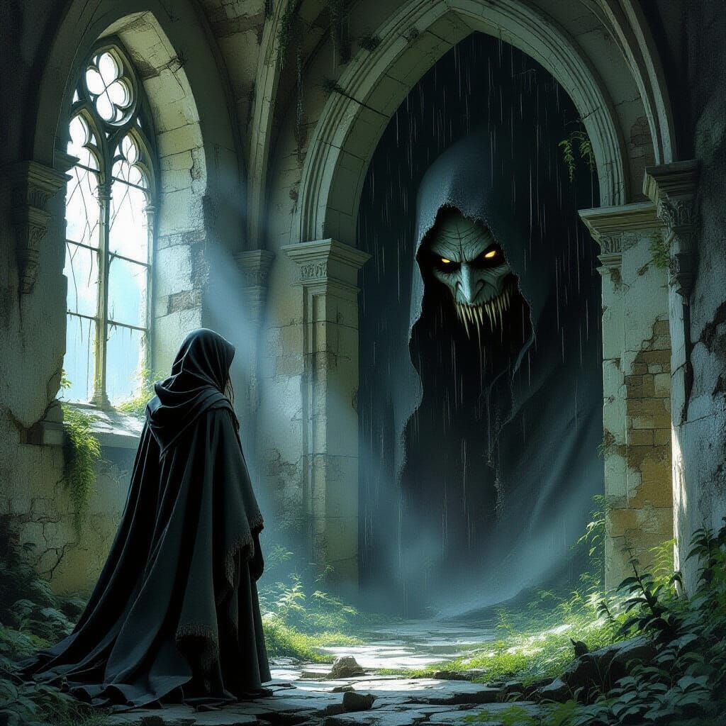 Woman Sheltered by Priest in Ruined Chapel