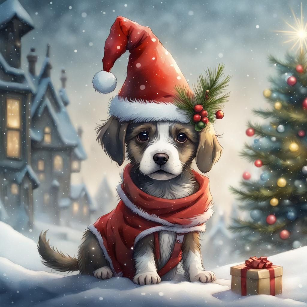 Cute Puppy in Christmas Costume, Watercolour Style