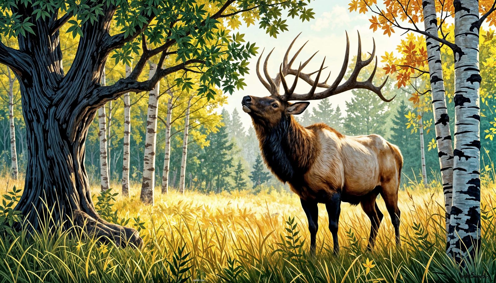 A large bull Elk is reaching his head up to pull off a few l...