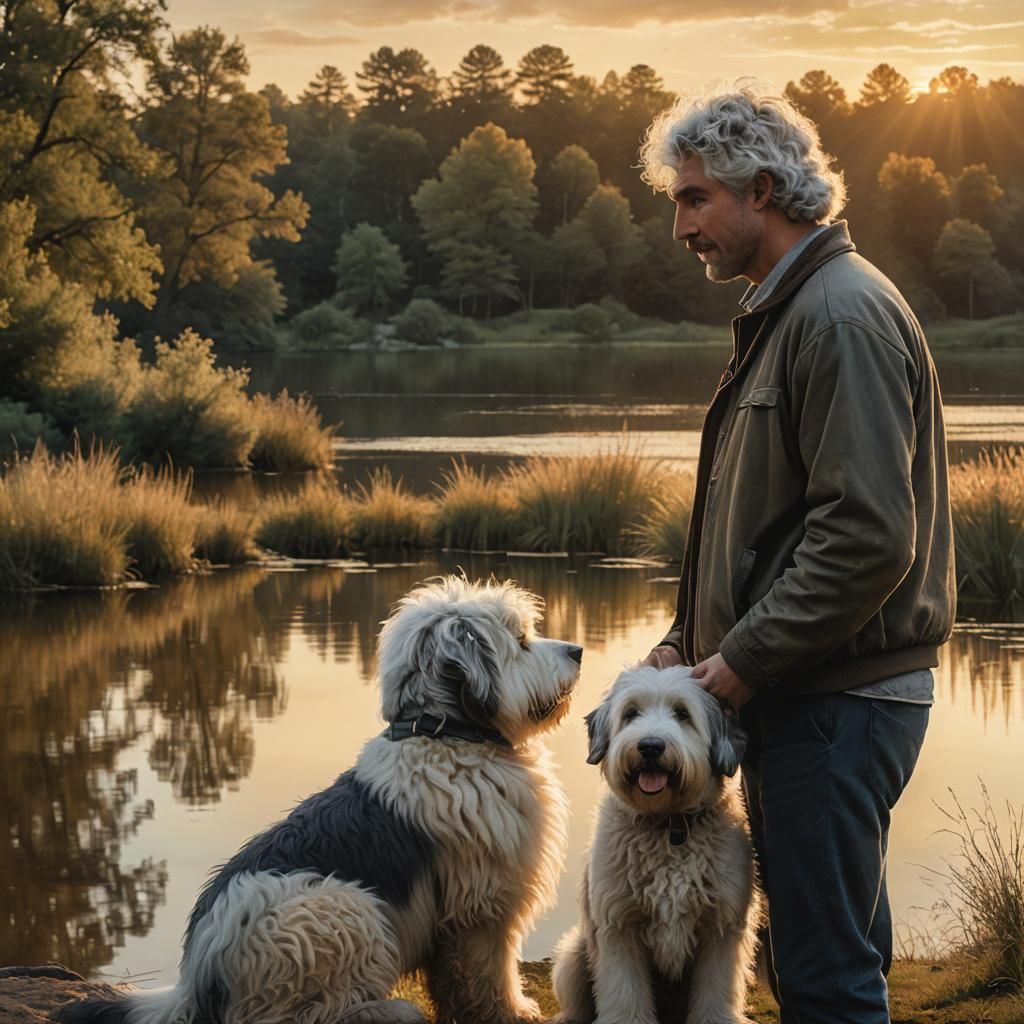 man and an Old English Sheepdog