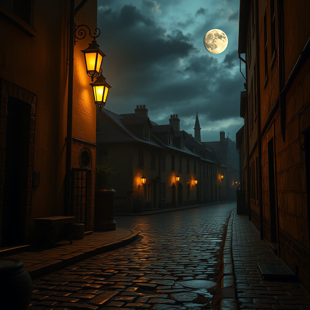 Mystical Cobblestone Street at Night in Matte Painting Style
