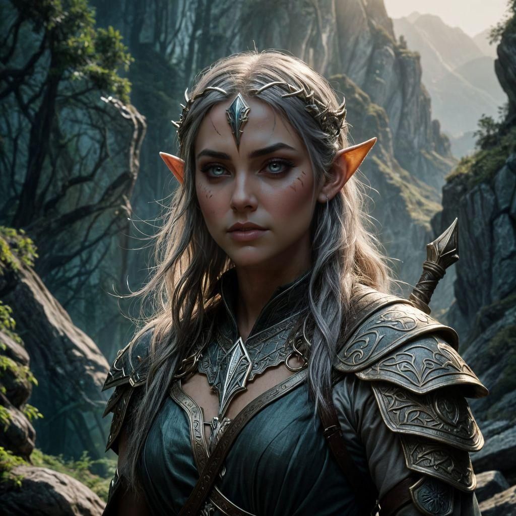 Intricate Rock Elf Warrior in Triadic Colors, Cinematic Ligh...