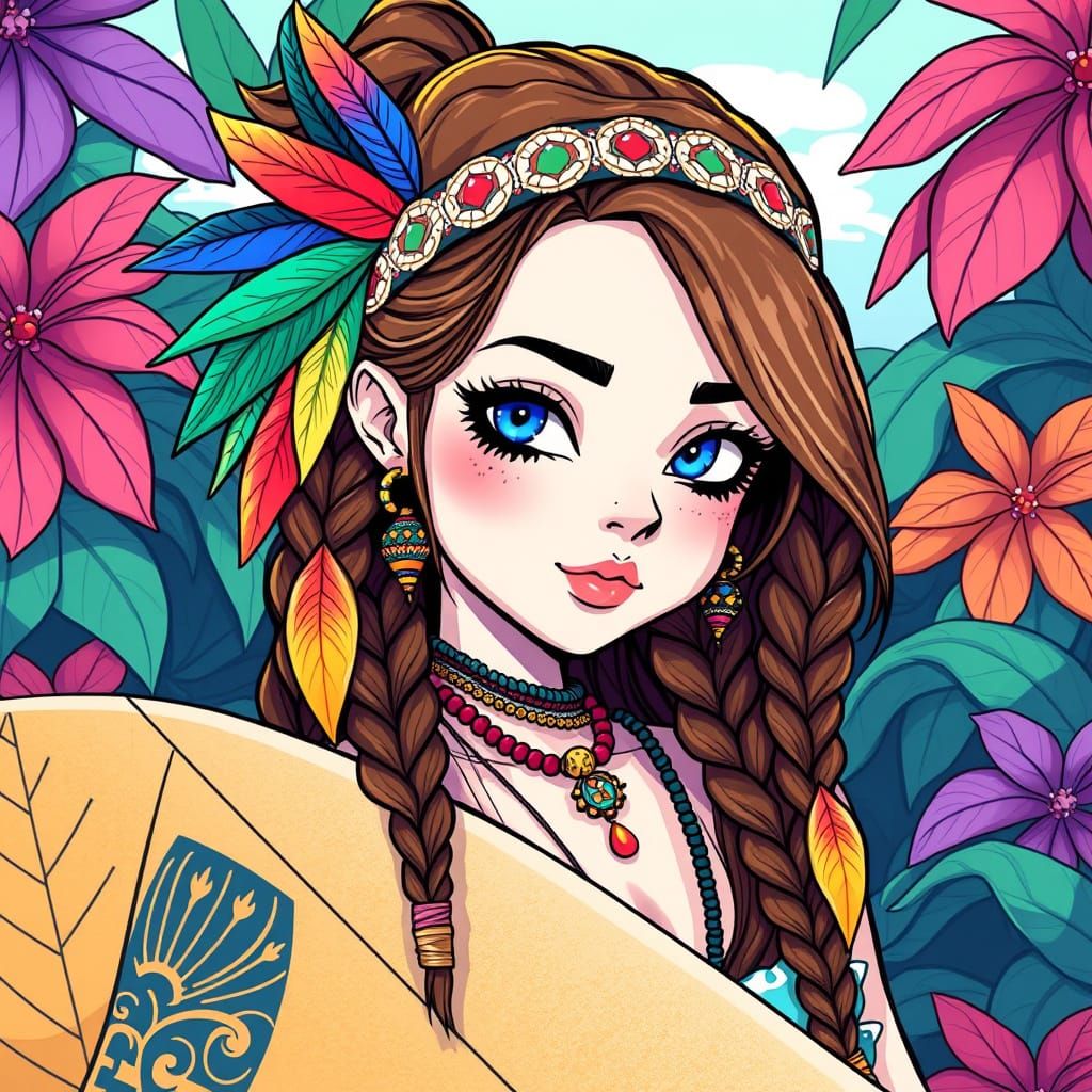 Surreal Bohemian Surfer Girl with Vibrant Braids and Tropica...