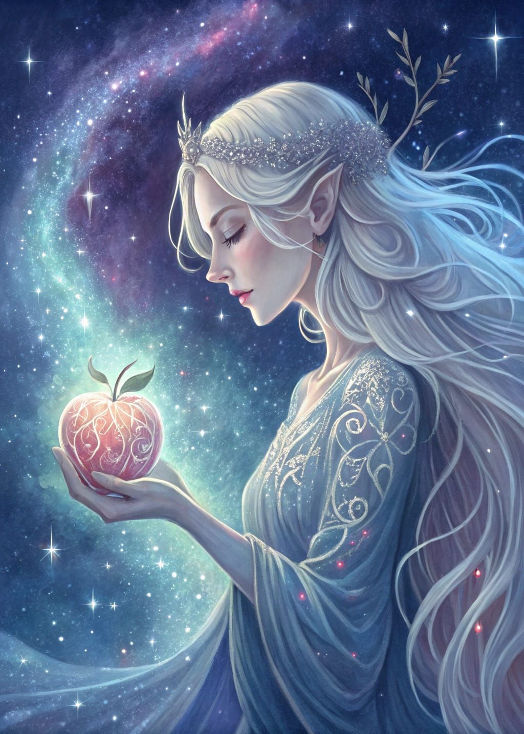 Ethereal Goddess with Enchanted Apple in Cosmic Vortex