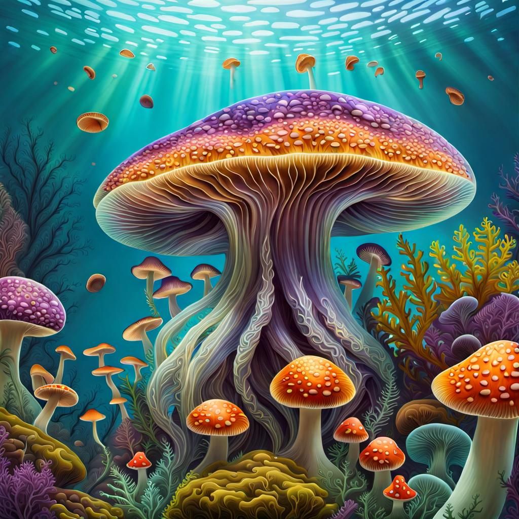 Transparent Medusa Among Colorful Mushrooms