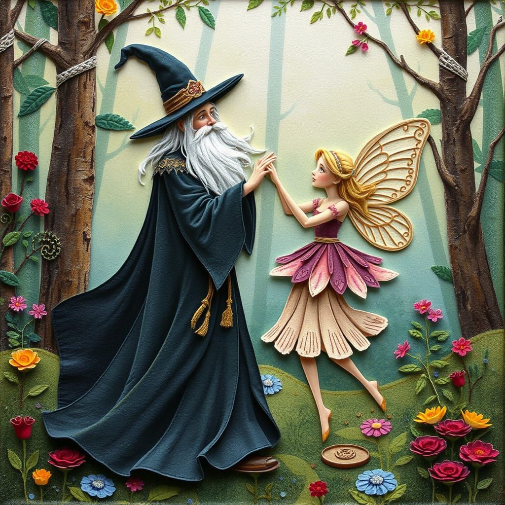 Whimsical Wizard and Fairy Dance in Fantasy Forest